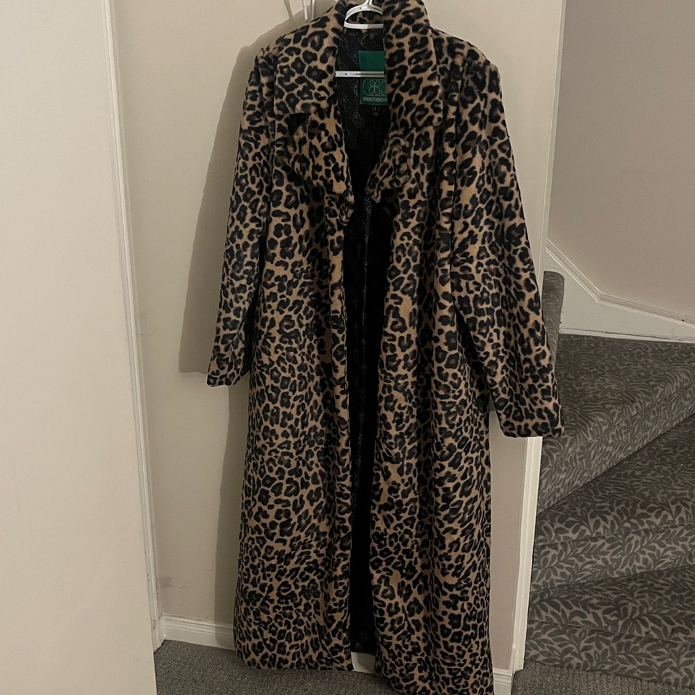 Leopard Print Long Coat - Women's Faux Fur Coat in Brown/Black
